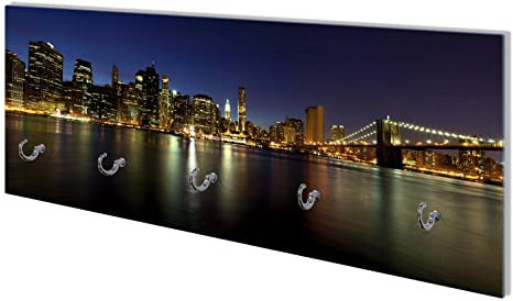 Wallario Wandgarderobe aus Glas in Größe 80 x 30 cm mit Memoboard-Funktion, Motiv: New York Skyline - Brooklyn Bridge und Manhattan am Abend | 5 Kleiderhaken zum Aufhängen von Jacken
