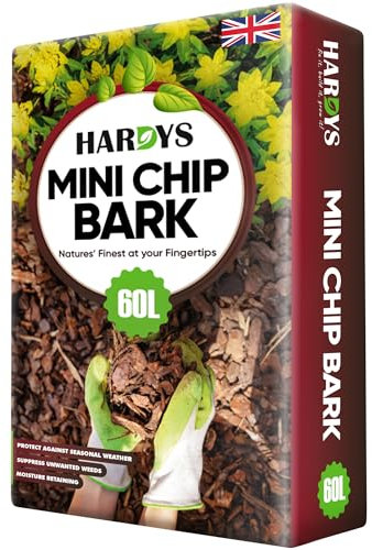 Hardys 60L Mini Pine Spruce Bark Chippings for Garden - Organic Decorative Landscape Bark Chips - Mulches Down, Insulates Roots, Controls Weeds - Create Paths, Dress Beds & Border
