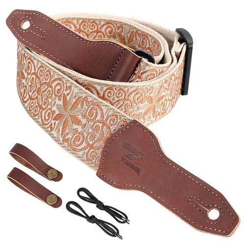 Nefelibata Banjo-Gurt, 2 breit, Vollnarbenleder Jacquard bestickt, verstellbarer Ersatz, Gitarrengurt mit Kopfplatten-Seil und Leder-Stirnband (gelbe Blumenstickerei)