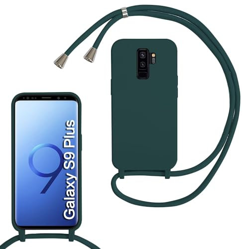 MBSLFY Silikon Handykette für Samsung Galaxy S9 Plus Necklace Hülle mit Band, Verstellbarer Halskette Handyhülle, Handyhülle für zum Umhängen, Case mit Schnur, Dunkel grün