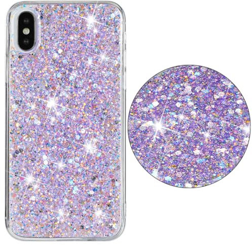 Unichthy All Glitter Case for iPhone Xr Cover Girls Women Glitter Bling Clear Cover Cute Sparkly Crystal Silicone Shockproof Bumper Phone Case for iPhone Xr Purple