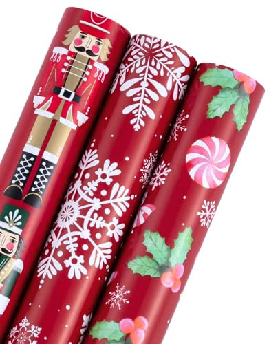 RUSPEPA Rouleau de Papier d'Emballage de Noël - Mini Rouleau - 3 Rouleaux - 43,2 cm x 3 m par Rouleau - Casse-Noisette Rouge, Flocon de Neige, Canne en Bonbon et Collection de Vacances de Houx
