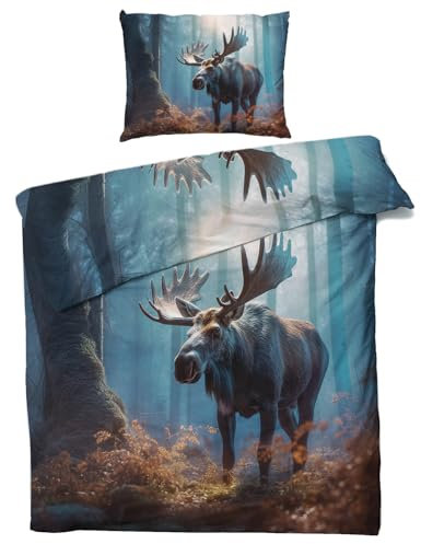 Bettwäsche 220x240 Elch - Wald Bettbezug 3er Set, 110gsm Mikrofaser, Weiche & Kuschelige & Bügelfreie Wendebettwäsche, 2 Kopfkissenbezug 80x80, mit Reißverschluss &4138