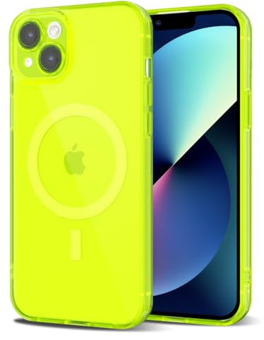 Svanove for iPhone 13 Case Clear Compatible with Magsafe, Fluorescent Transparent Magnetic Magnet Mag Case, Slim Thin Bright Silicone Grip & Shockproof Bumper Camera Cover, Neon Green Lime