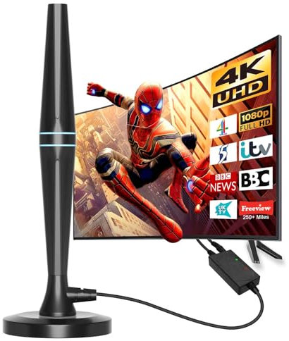 TV Aerial, Indoor TV Aerial for Smart TV with Signal Booster - 250+ Miles Range, Freeview TV Antenna Indoor with Magnetic Support Base, Portable TV Aerial for 4K 1080P HD Local Channels and All TV