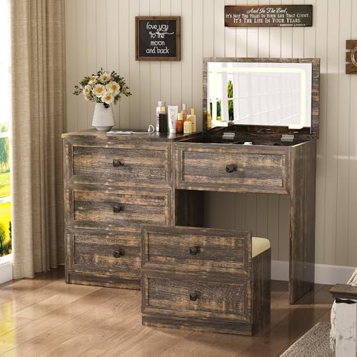 Lvifur LED Schminktisch mit Beleuchtung,3 in 1 Schminktisch mit Spiegel & Schubladen,Vanity Table mit kabellose Ladestation & USB-Aufladung,Schminktische mit Hocker