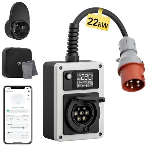 dé Wallbox 22kW 32A EV Charger mit CEE Stecker und Typ 2 Steckdose, 22kW Mobile Ladestation mit Stromzähler, RFID-Karte für ID.4 ID.5, Model Y, Model 3, e-up, e-tron und andere EV und PHEV