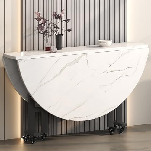 Table de Salle à Manger Ronde Pliante Moderne, Table de Cuisine Extensible Avec 6 Roues, Idéale Pour Restaurant (Bianco, 140x75cm)