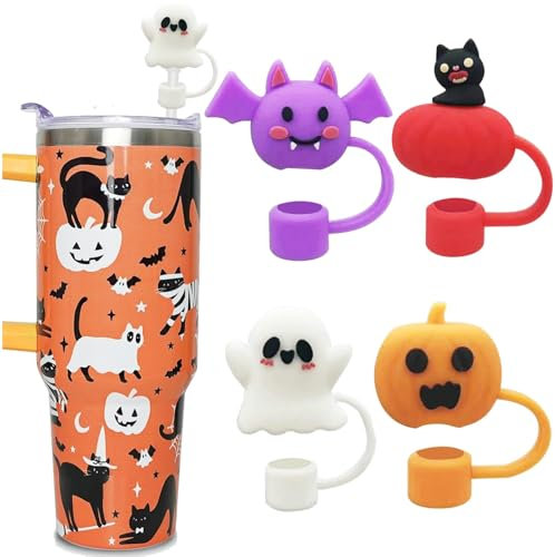 Hebterrka 4 tapas de pajita Stanley, tapa de pajita de Halloween, accesorios de copa Stanley, 10 mm, cubiertas para pajitas Stanley 40 oz y 30 oz