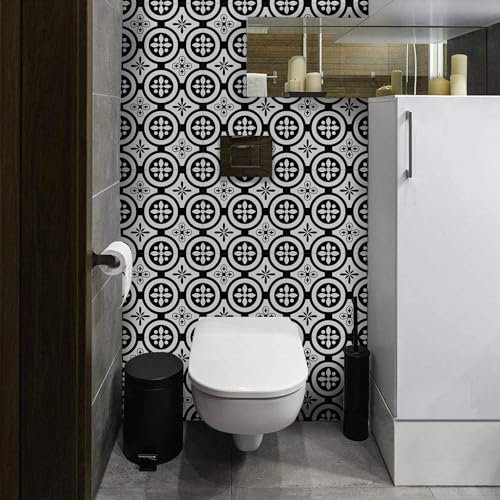 Fliesenaufkleber 20x20cm Schwarze Weiße Blüten Fliesenaufkleber Bad Wasserdicht Klebefliesen Dekorieren Fliesenaufkleber Küche Ölfest Küchenrückwand Selbstklebend (4 Stück)