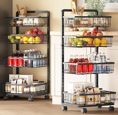 UMDONX Vegetable Storage Rack 4 Tier Metal Kitchen Trolley on Wheels, Fruit Veg Cart Organiser Shelfing Unit, for Kitchen Bedroom Bathroom (Black 42x32x87cm)