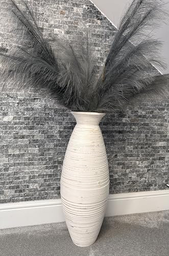 White & natural bamboo tall drum shaped vase 60cm floor or table vase (White & natural with flared top)