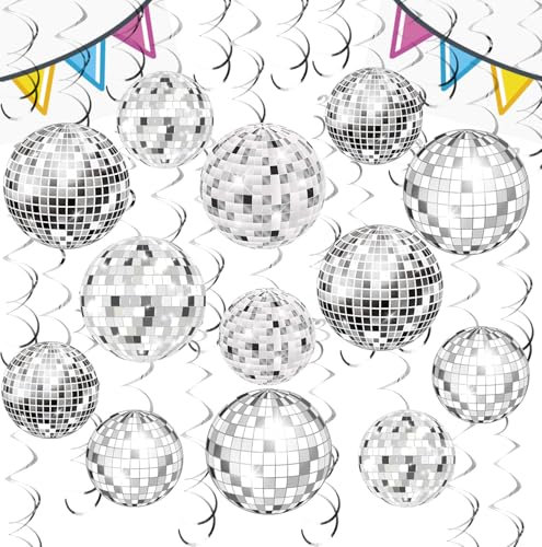 18 Pcs Disco Ball Decorations, Disco Ball, Disco Party Decor 70s Disco Ball Hanging Swirls Disco Party Hanging Streamer Silver Ceiling Decor for Christmas Tree Wedding Dance Music Stage