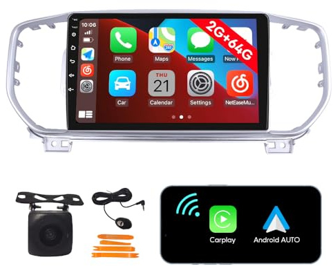 [2G 64G] Android Car Stereo FM Radio Carplay Android Auto 9 Touchscreen Headunit Media Player with Backup Kamera Für Kia KX5 Sportage R 2016 2017 2018 Silver
