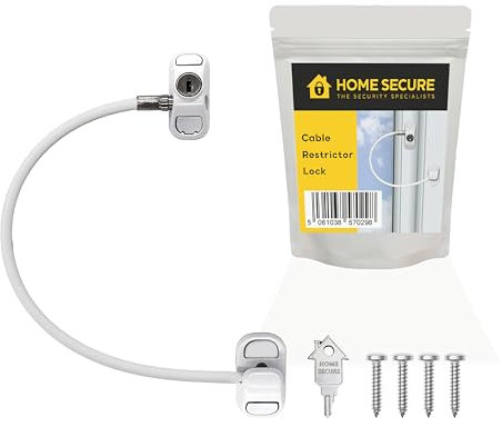 Home Secure™ Window Restrictor Lock for UPVC – Premium Key Locking Cable Window Security Device. Child Safety & Pet Prevention Lock. Screw Fixed for Added Security - White