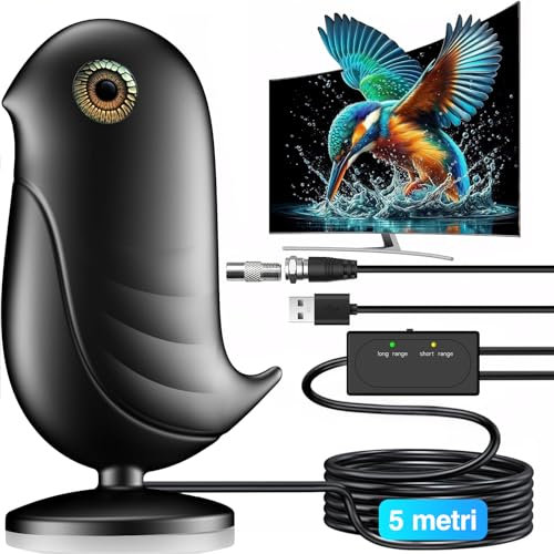 2025 Antenna TV Interna Amplificata Potente per Smart TVs(DVB-T/T2), Supporto RAI/Mediaset 4K/1080P, Doppia Banda VHF/UHF, Ricezione a 360 gradi fino a 380 km, con Base Magnetica, Cavo Coassiale 5m