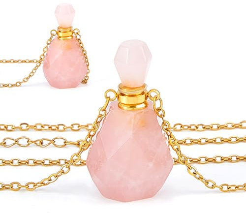 SUPERFINDINGS Perfume Bottle Necklace Crystal Perfume Bottle Pendant Oil Diffuser Necklace Gemstone Vial Natural Rose Quartz Pendants for Christmas Valentine's Mother's Day