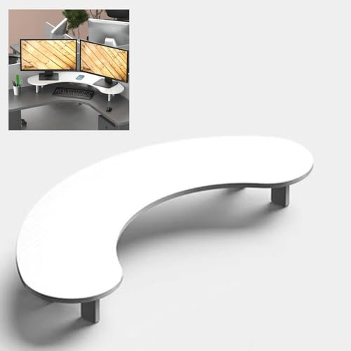 Supporto per doppio monitor per scrivania angolare, in legno massello curvo, design bianco, grande rialzo per 2 monitor, laptop, TV e telefono, ergonomico salvaspazio