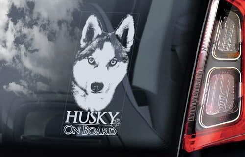 Husky on Board Auto-Fensteraufkleber, Sibirischer Hund, weiß, Rückseite bedruckt für interne Anwendung, 220 x 100 mm, Version 2
