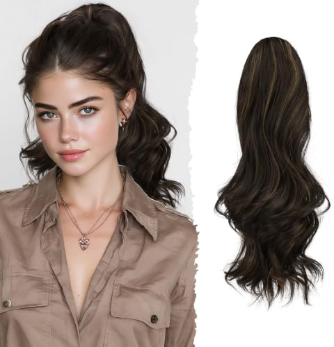 Sofeiyan Queue de Cheval Extension Naturel,41 cm Postiche Queue de Cheval | Brun Foncé Mèches Paille Queue de Cheval Longue et Ondulée avec Pince,Synthétique Pince à de Ponytail Cheveux pour Femmes