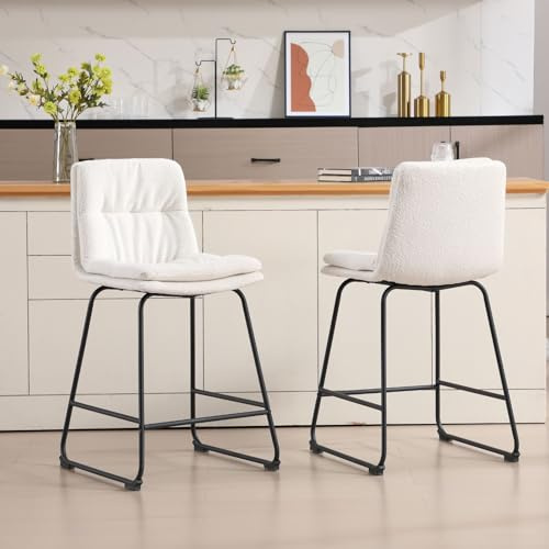 Ya-Home Tabourets de Bar Lot de 2 en Fausse Fourrure Chaise de Bar à Double Couche Tabouret Haut avec Dossier et Repose-Pieds pour Bar Cuisine, Blanc
