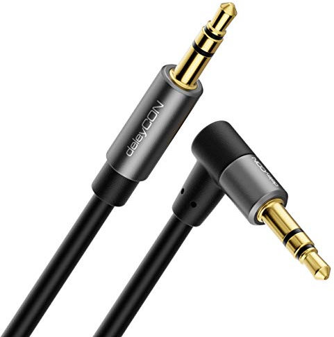 deleyCON 7,5m Cable de Audio aux Estéreo de 3,5 mm - Clavijas Metálicas con Conector en Ángulo, Ultrafino y Flexible - Compatible con Smartphone, Tablet, Auriculares, Receptor HiFi