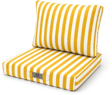 Déco Arts — Lot de 2 Coussins Déhoussables Salon Jardin 50x50 — Assise 50x50 + Dossier 50x35 cm — Imperméable Anti-UV — Remplacement Mobilier Jardin Terrasse Balcon Véranda — Rayures Jaunes