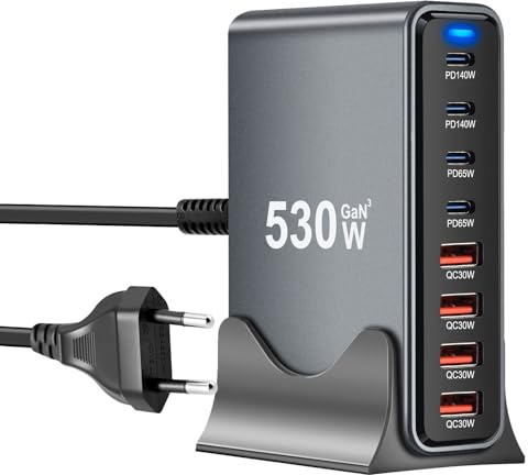 530W USB C Ladegerät Mehrfach mit 8 Ports, GaN III USB Schnellladegerät Mehrfach mit 4xUSB-C & 4xUSB-A, PD140W, 65W, 30W Power Delivery Ladestation USBC für MacBook Pro/Air, iPhone, iPad, Samsung mehr