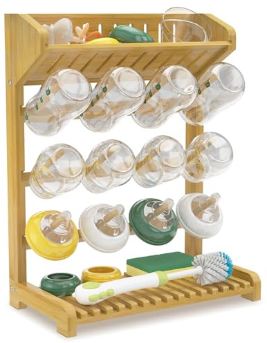 EsLuker.ly Baby Bottle Drying Rack Bamboo Vertical Dryer Holder | Space Saving for 12 Milk Glass Bottle Countertop, Wooden Drain Stand Shelf for New Parents