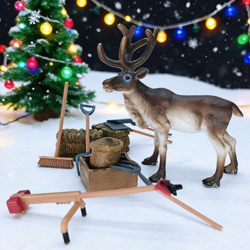 Miniatur Wichtel Zubehör,Wichtel Rentier Set,Wichteltür Zubehör Weihnachten,inkl Rentier, Mini Gartenwerkzeug,Futterkrippe, Heuballen, Futterset,Miniatur Zubehör Weihnachten Deko