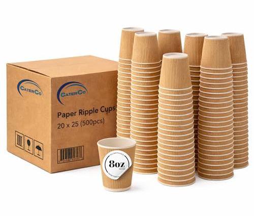 CaterCo 8oz Kraft Ripple Wall Coffee Cups - 500 Pack Triple Insulated Cups for Hot Drinks, Tea - Recyclable, Brown Paper Cups for Cafes, Takeaway, Office, Events - 8oz / 237ml - 500 Pack