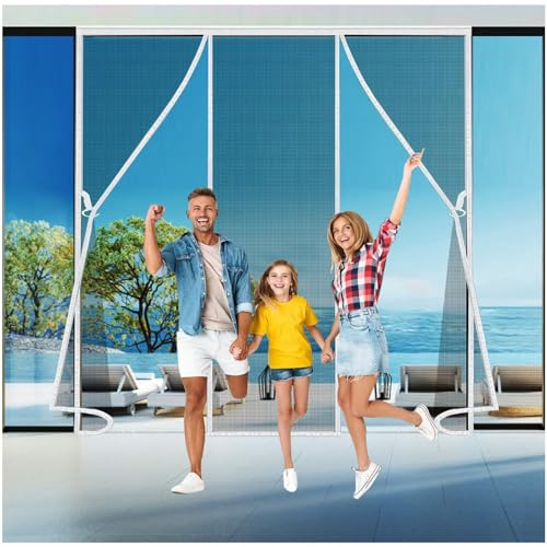 Zanzariera Porta Magnetica 3 Ante - 180x240cm(71x94in) Rete Fine con Calamite Potenti per Soggiorno, Camera - Senza Fori con Nastro Bordo bianco con rete nera