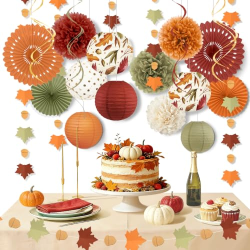 Herbst-Deko für Hochzeiten, 20 Stück: Ahornblätter (Orange, Salbeigrün, Elfenbein), Seidenpapier-Pompons, Papierfächer, Laternen, Girlanden für Thanksgiving, Baby-Shower, Geburtstage und Herbstfeste