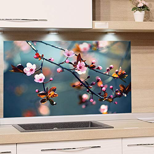 GRAZDesign Küchenrückwand Spritzschutz Glas für Küche Herd, Motiv Kirschblüte im Sommer, Küchenspiegel Glasrückwand, Herdblende Rückwand Küche, 4mm ESG Glas, 100x50cm