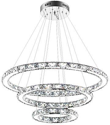Froadp 72W Drei Ringe Kristall Hängelampe Höhenverstellbar Deckenlampe Küche Pendelleuchte Schlafzimmer Kronchleuchter Hängeleuchte für Wohnzimmer Esszimmer (Kaltweiß, Ø20cm+Ø40cm+Ø60cm)