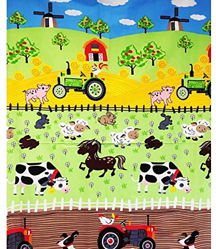 100x160cm Bauernhof Traktor Tiere 100% Baumwolle Baumwollstoff Kinder Meterware Handwerken Nähen Stoff (Bauernhof Groß, 100x160cm)