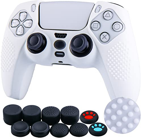 YoRHa Points Housse Coques Autocollants en Silicone Skin Cover pour PS5 Dualsense Manette (Blanc) x 1 avec Prises de Pouce x 10