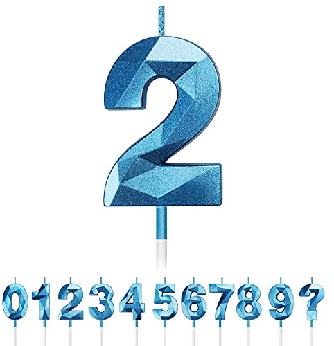 Geburtstag Nummer Kerzen, 3D Diamant Form Kuchen Kerzen Zahl 0 1 2 3 4 5 6 7 8 9 Glitzer Kuchen Topper Dekoration für Hochzeit Geburtstag Jubiläum Feier Abschluss (Blau, 2)