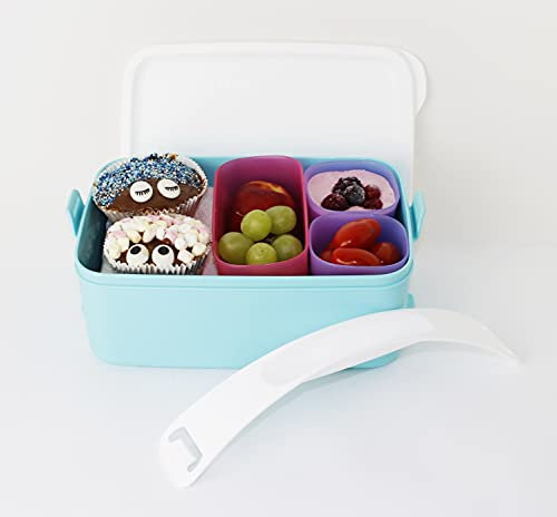 TUPPERWARE Click & Go Brotdose mit Heckel 1,5L mit Cubix 2X 110ml Flieder + 1x 250ml Pink Lunchbox + Mini Becher Petrol