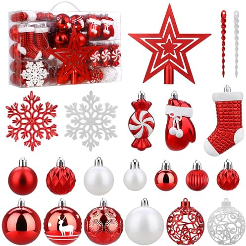 SOLEDI 128Pcs Christmas Baubles, Christmas Tree Decoration Ball Ornaments Shatterproof Balls for Xmas Hanging Decorations Festival Holiday Decor - Shiny,Matte,Glitter Decorated Baubles (Red)