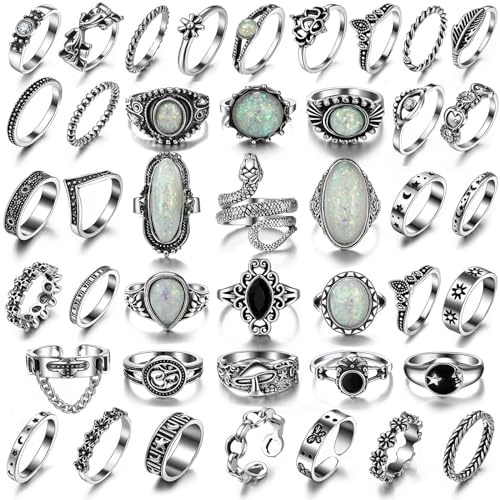 Vintage Silver Knuckle Rings Set for Women Men, Chunky Rings Aesthetic Snake Grunge Stackable Gothic Ring Adjustable Y2K Punk Bulky Boho Finger Alt of Rings, Non-Precious Metal, No Gemstone