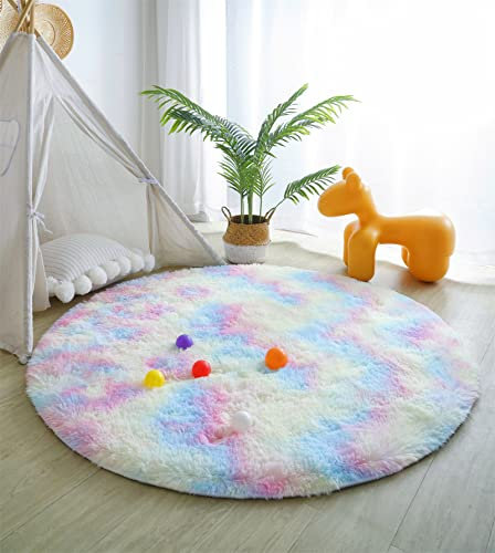 linyingdian Teppich langfloriger weicher Samt-Batikboden runder Teppich für Wohnzimmer, Kinderzimmer, Schlafzimmer und Küche (Regenbogenfarben, 120x120cm)