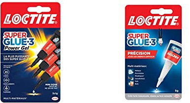Lot de 2 produits Loctite - Super Glue-3 Power Gel Mini dose, colle forte enrichie en caoutchouc, lot de 3 tubes 1 g & Super Glue-3 Précision, colle forte pour réparations précises, colle transparente à séchage rapide