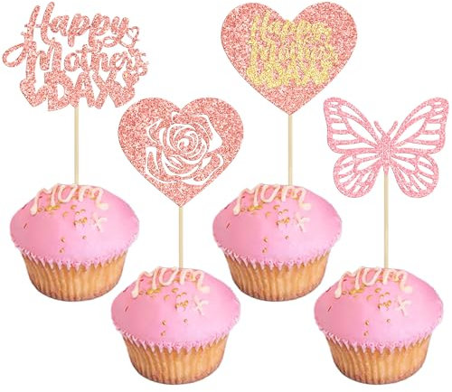 Gyufise 24 Stück rosa Happy Mother's Day Cupcake-Topper mit Liebe Herz Glitzer Schmetterling Rose Happy Mother's Day Kuchenplektren Dekorationen für beste Mama Themenparty