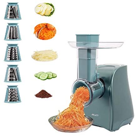 ASLATT One-Touch Control Cheese Grater Machine - Electric Shredder for Vegetables, Fruits, Potato - Salad Maker with 5 Free Attachments, Green