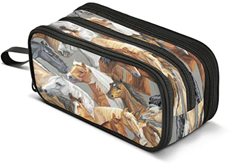 Federmäppchen mit großer Kapazität, bunte Portraits von Pferden, 3 Fächer, Stiftebeutel, Box für Büro, Universität, Schule, tragbare Aufbewahrungstasche für Kinder