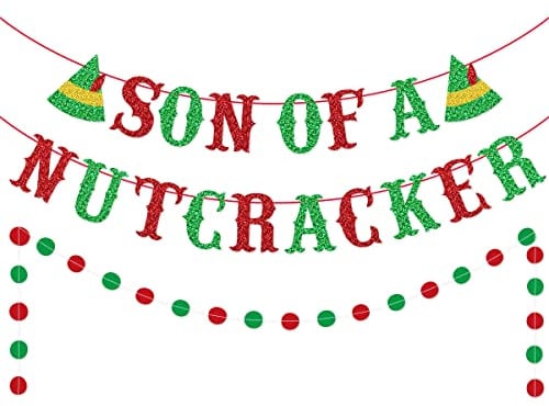 Cartel de hijo de un cascanueces con purpurina roja y verde para decoración de fiesta de Navidad de Buddy the Elf
