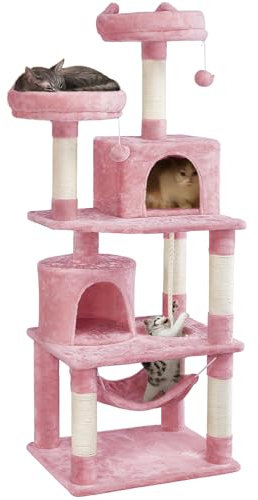 Yaheetech Arbre à Chat 158 cm, Tour de Jeux pour Chat, avec 5 Poteaux à Griffer/2 Niches/2 Plate-Formes/1 Hamac Rose