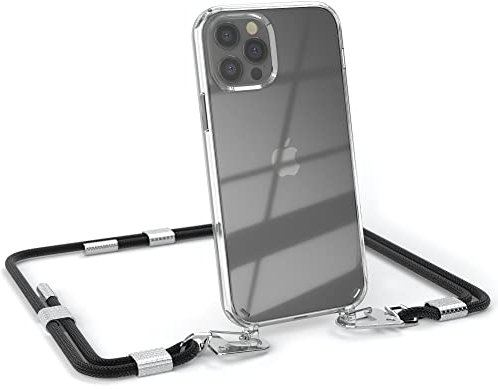 EAZY CASE - kombinierbare Handyketten kompatibel mit iPhone 12/12 Pro, Transparente Silikon-Hülle mit stylischen rundem Umhängeband, abnehmbar durch Karabiner, Umhängetasche, Schwarz - Clips Silber