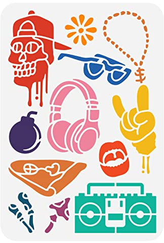 FINGERINSPIRE Hip Hop Skelett Schablone 21x29.7 cm Wiederverwendbare Totenkopf Muster Malvorlage Kunst Kopfhörer Radios Sonnenbrillen Hip Hop Halskette Schablone Zum Malen Auf Holz Wand Möbel